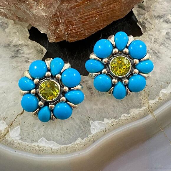 Carolyn Pollack Sterling Silver Turquoise & Faceted Peridot Flower Stud Earrings - Picture 1 of 9